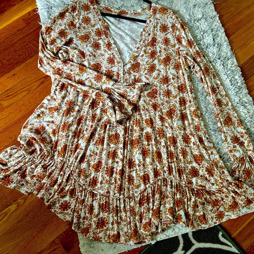 Free People Boho Floral V-Neck Long Sleeve Top